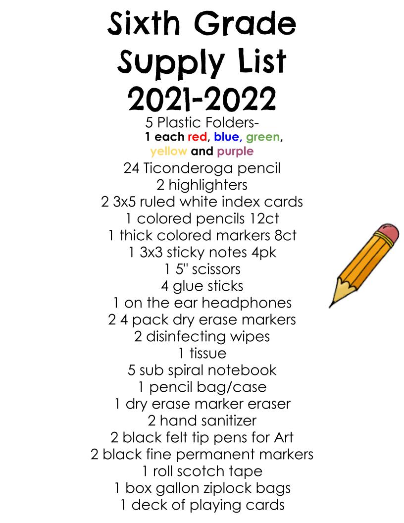 Sixth Grade Supply List | Little Run Elementary School