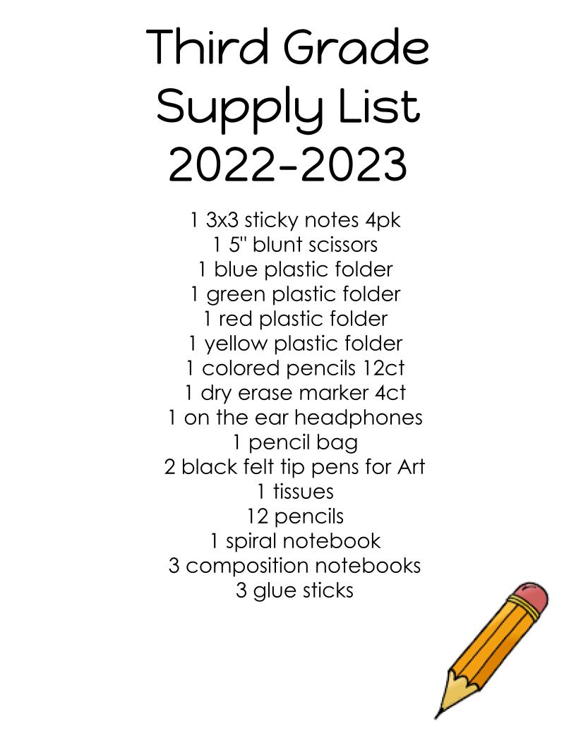 Third Grade Supply List 