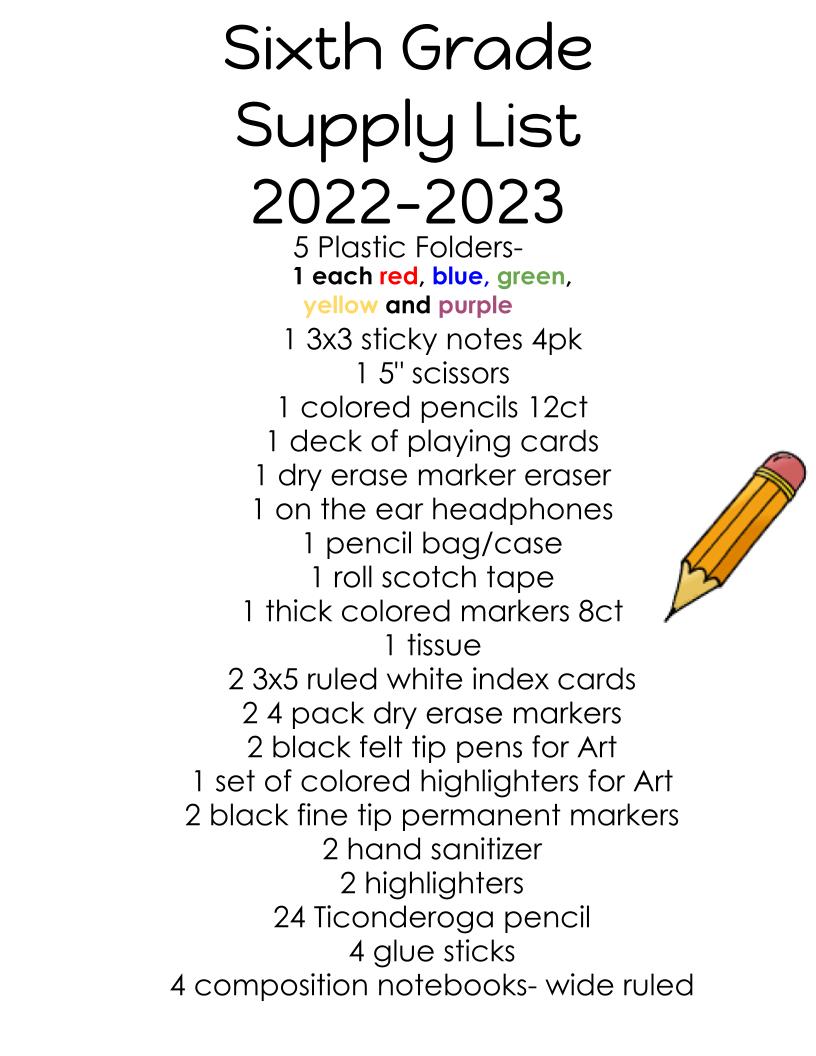Sixth Grade Supply List 