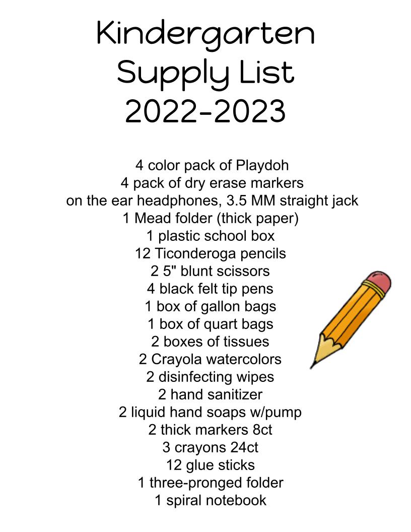 Kindergarten School Supplies List 2022