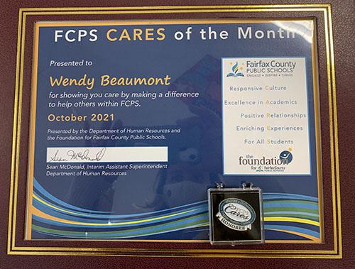 Ms. Beaumont Recognized as FCPS CARES of the Month Recipient